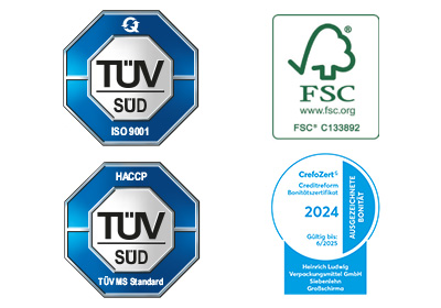 Logos der Zertifikate der Heinrich Ludwig Verpackungsmittel GmbH: ISO 9001-2015 (TÜV Süd), HACCP-Zertifikat (TÜV Süd), FSC-Zertifikat, CrefoZert